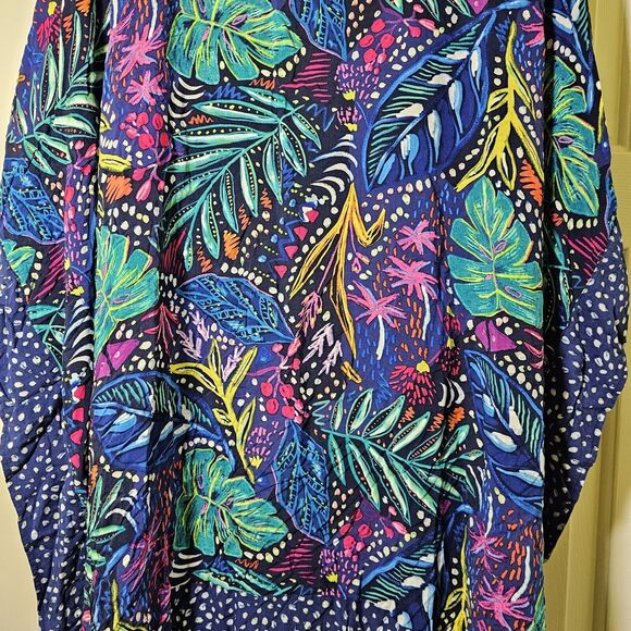 Triumph Painted Leaves Kimono Kaftan Multi Blue Fringe Swim Cover Up - Picture 7 of 8